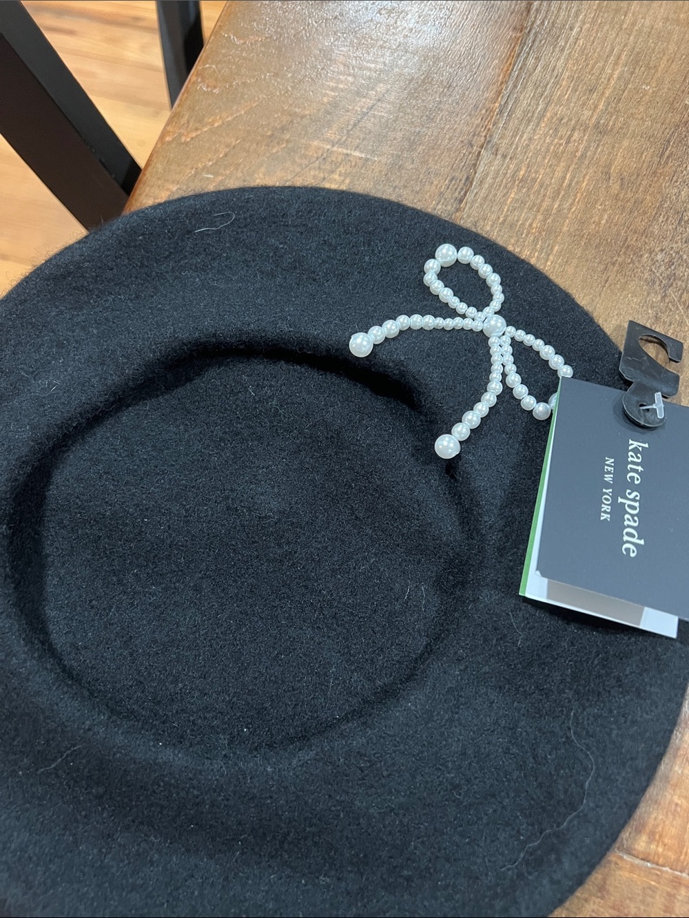 kate spade black wool beret with pearl bow detail
